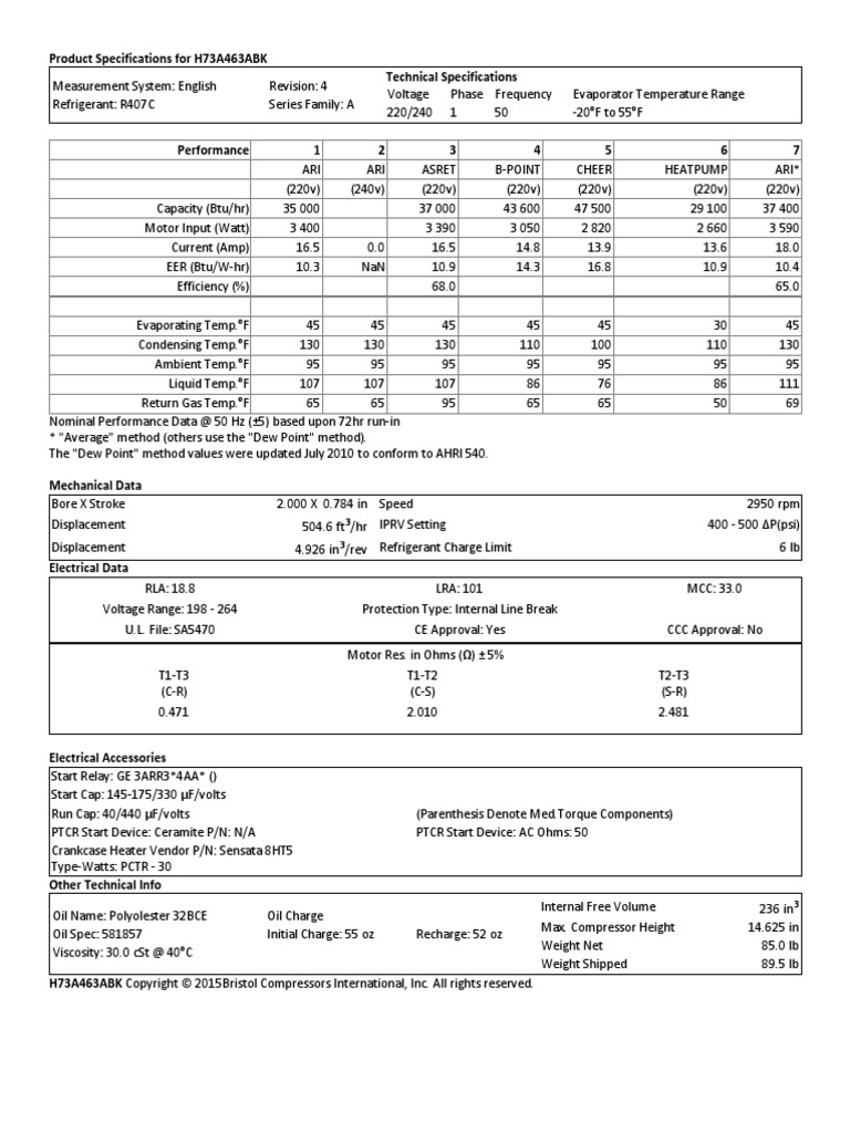 Compressor Specifications - H73A463ABKA | PDF