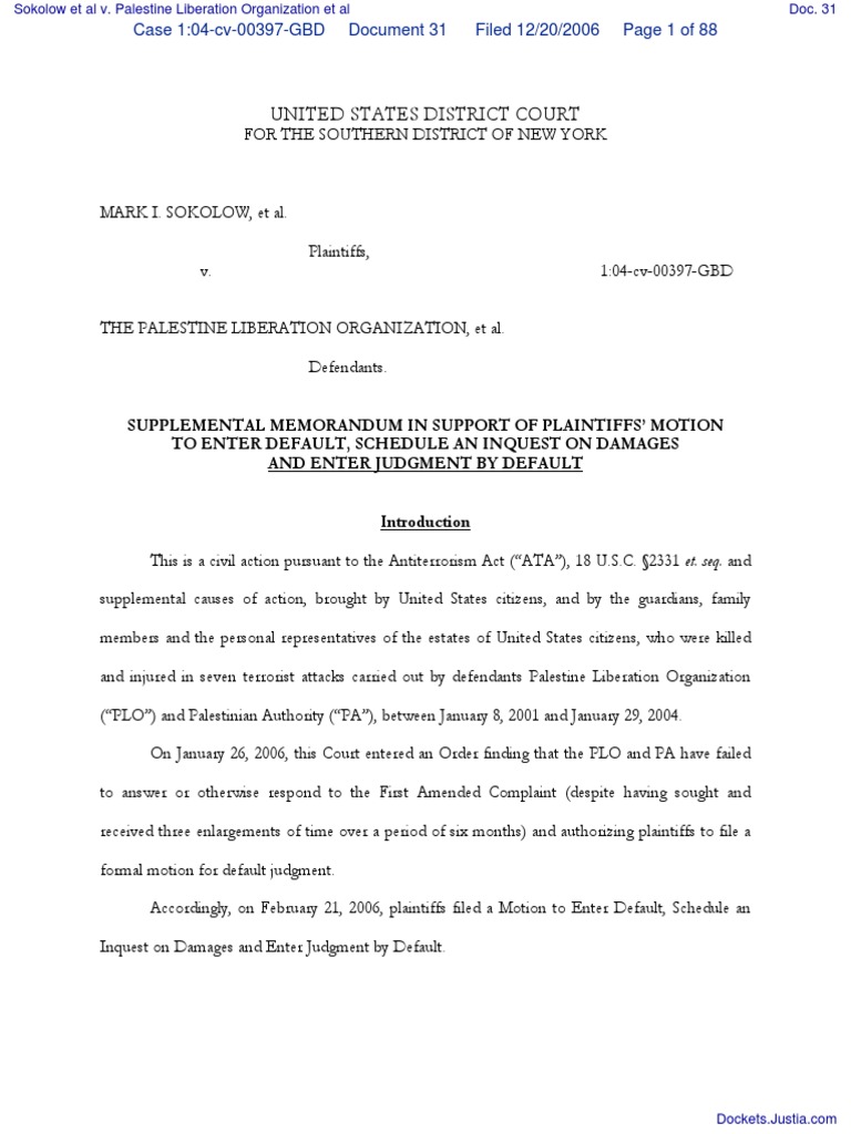 Sokolow Et Al v. Palestine Liberation Organization Et Al - Document No