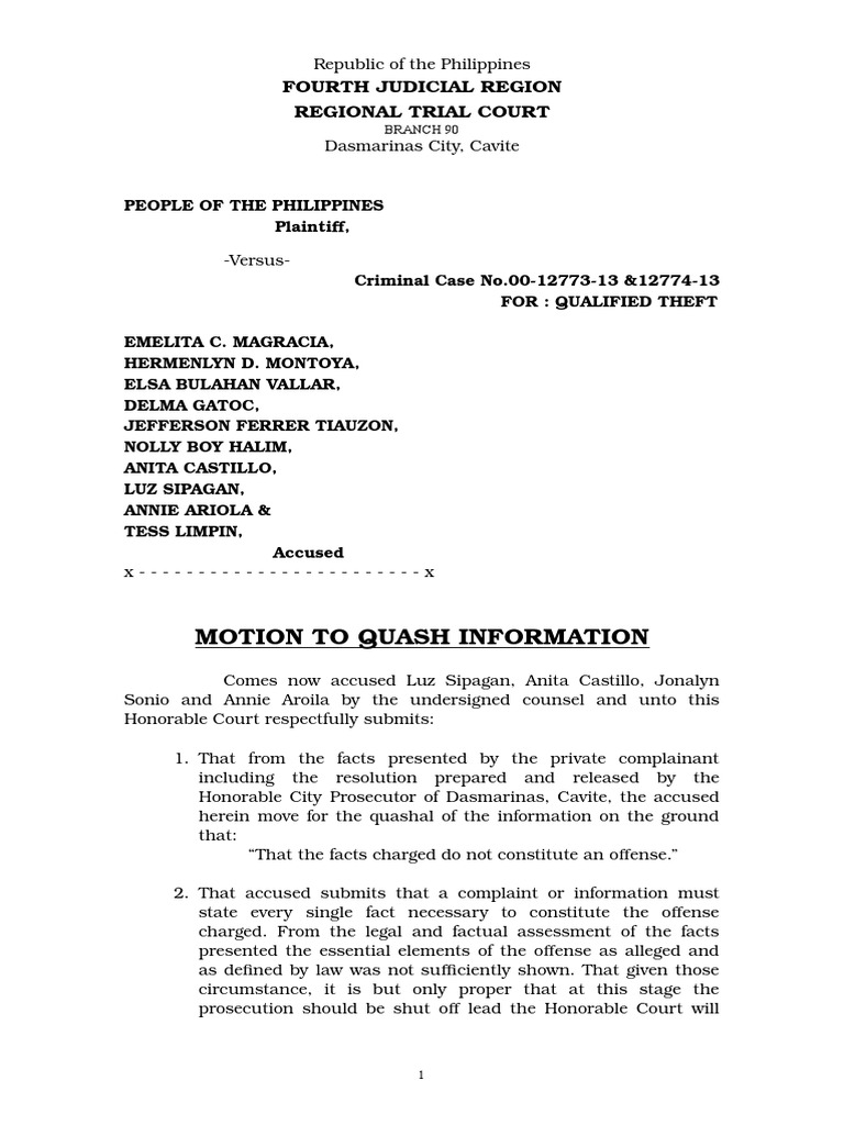 Motion to Quash Information Prosecutor Theft