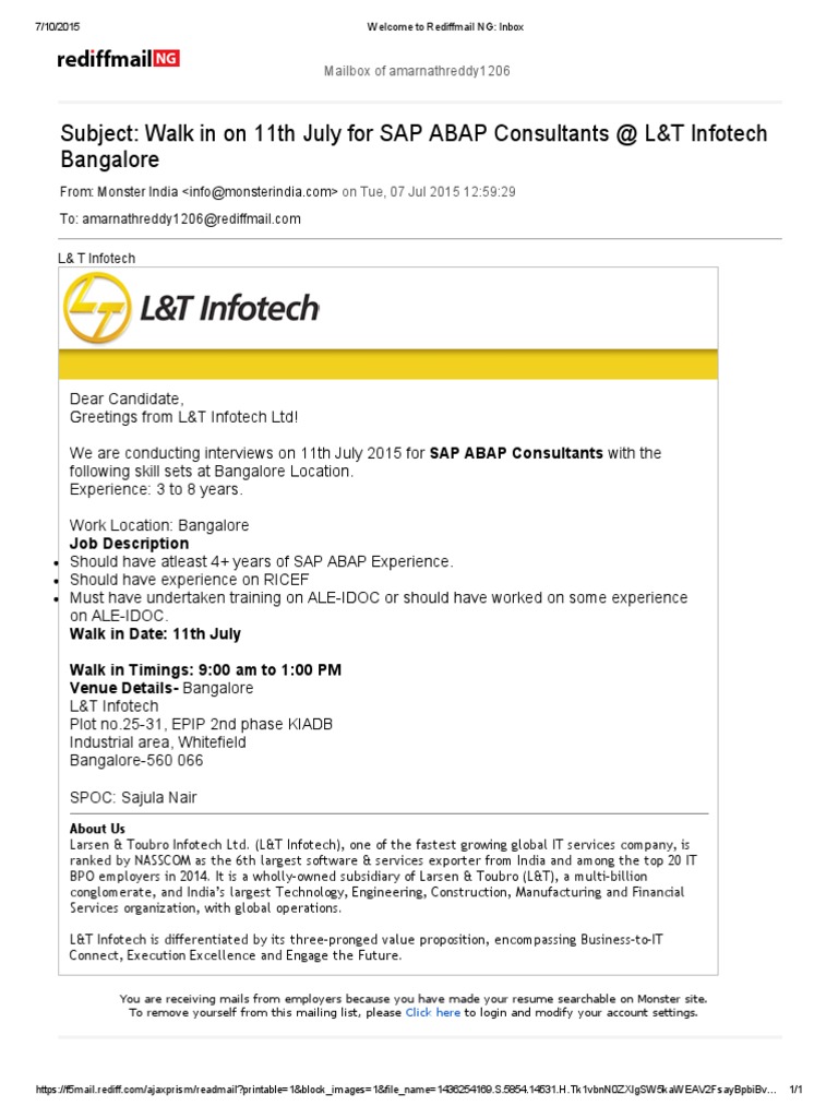Rediffmail NG: L&T Infotech Job Alert | PDF