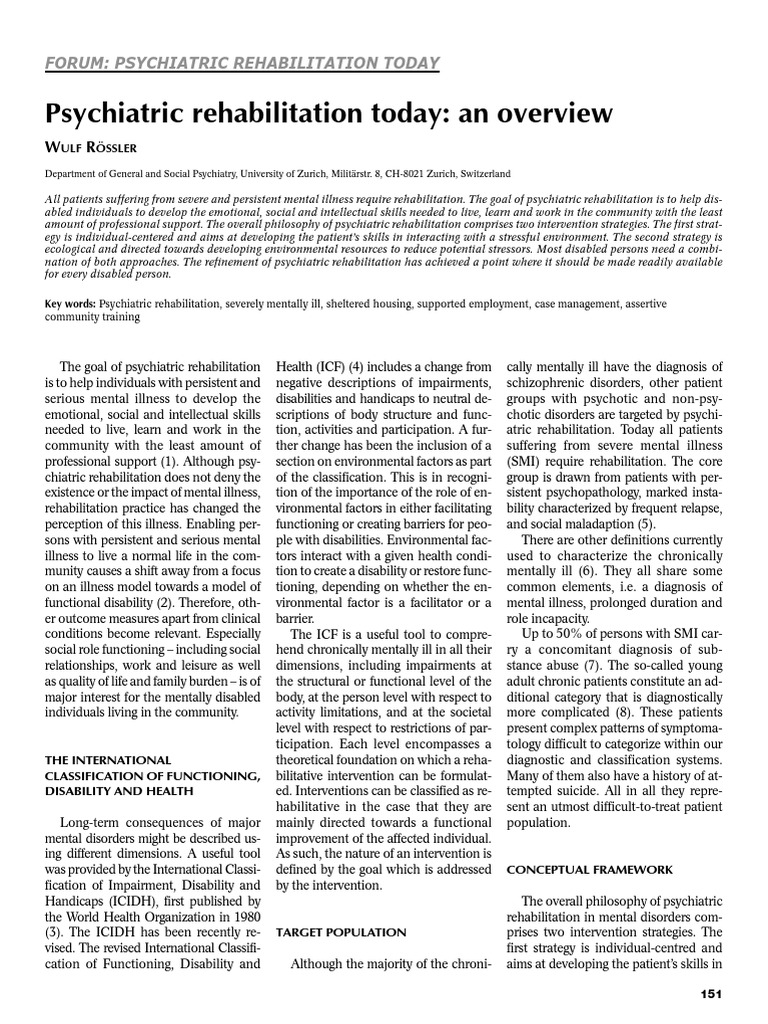 Psychiatric Rehabilitation Today. an Overview, 2006 Psychiatric Rehabilitation Psychiatry