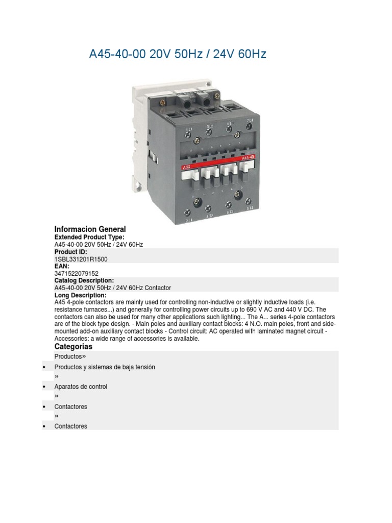 A45-40 Contactor Specifications | PDF | Hertz | Power (Physics)