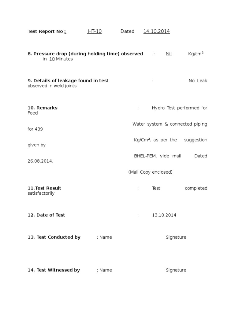 Hydro Test Report for Feed Water System | PDF | Technology & Engineering