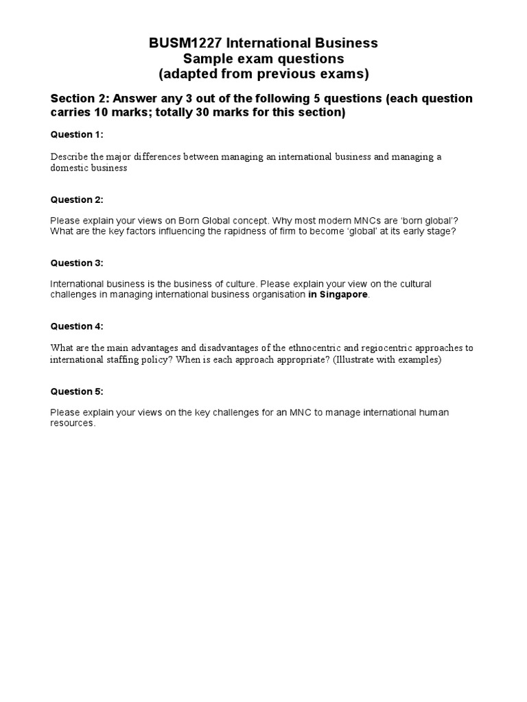 Int Biz Sample Exam Questions | PDF