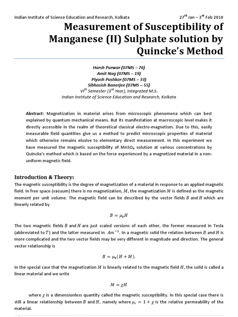 Measurement of Susceptibility of Manganese (II) Sulphate Solution by Quincke's Method