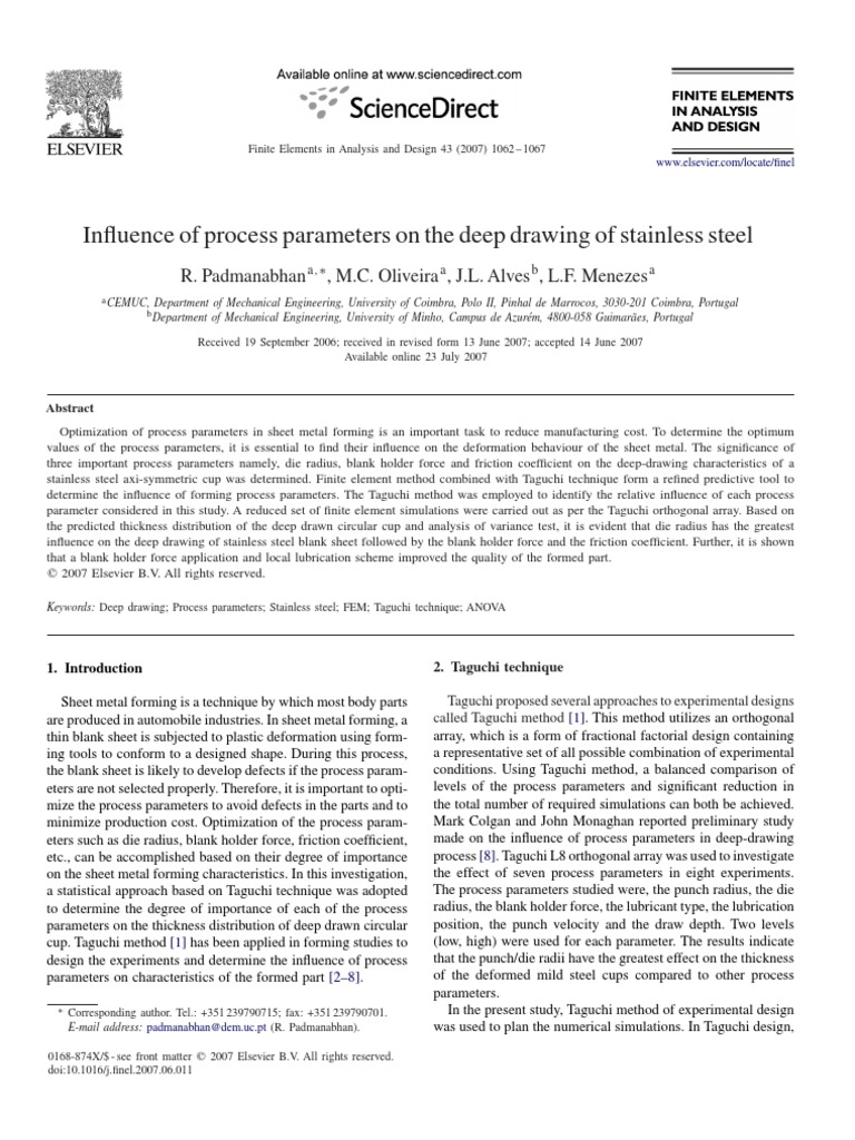 Influence of Process Parameters On The Deep Drawing of Stainless Steel ...