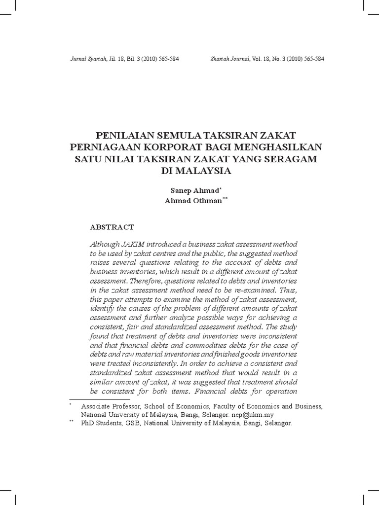 4 Penilaian Semula Taksiran Zakat Perniagaan Korporat Bagi Menghasilkan Satu Nilai Taksiran Zakat Yang Seragam Di Malaysia Pdf Sharia Religious Law