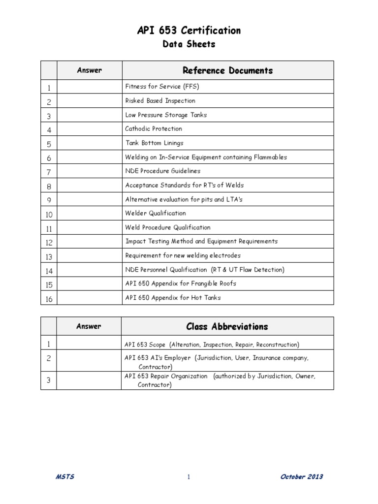 API 653 Certification Data Sheets Dimensions PDF Welding Construction