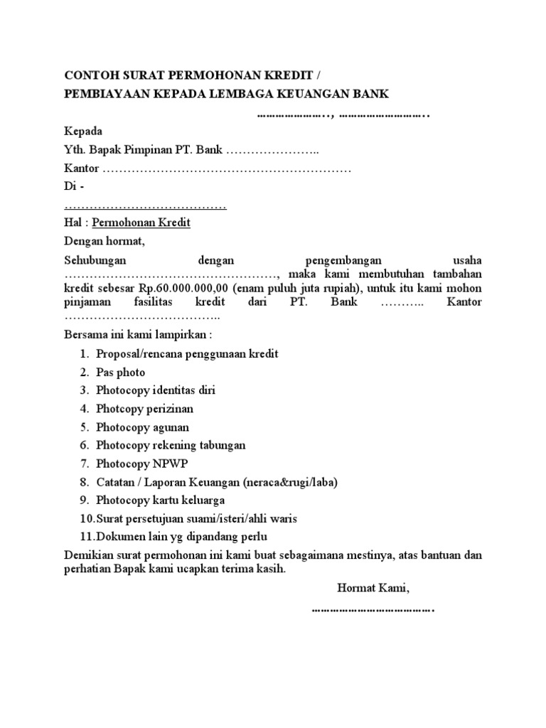 Contoh Surat Kredit ke Bank
