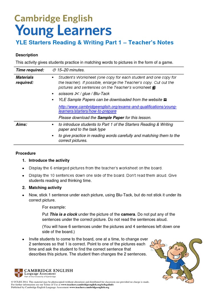Cambridge English Starters Reading and Writing Part 1 (2) Sentence