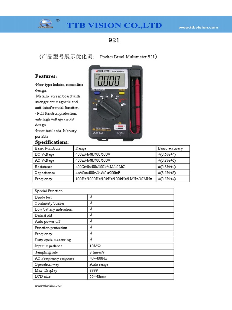 Pocket Digital Multimeter 921 Overview | PDF