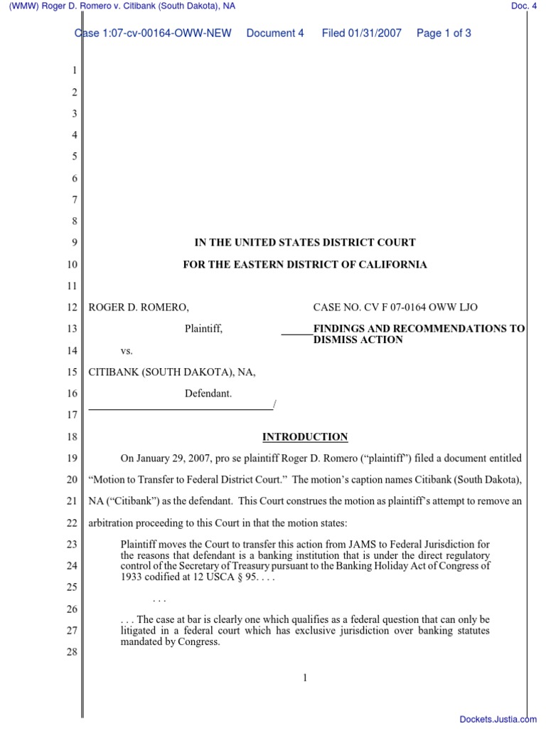 (WMW) Roger D. Romero v. Citibank (South Dakota), NA Document No. 4 PDF United States
