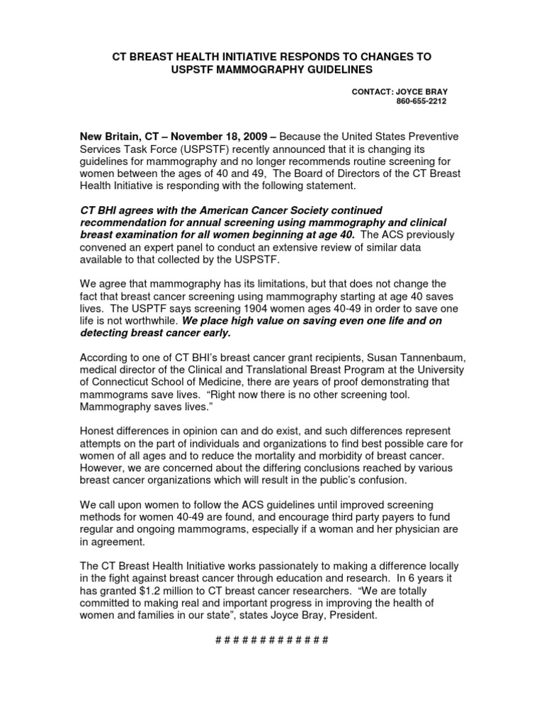 CT Breast Health Initiative Responds To Changes To Uspstf Mammography