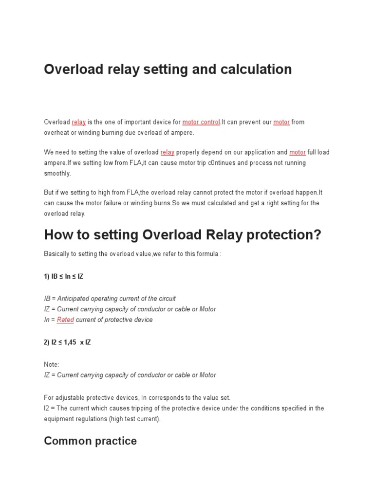 Overload Relay Setting and Calculation PDF