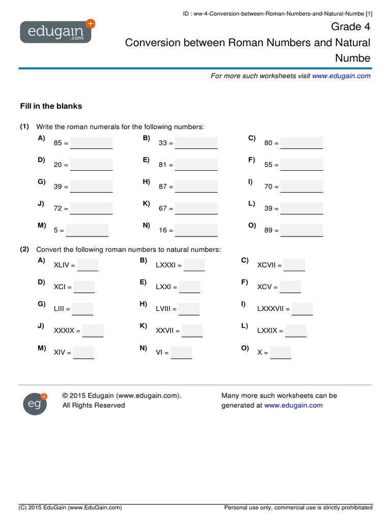 grade 4 conversion between roman numbers and natural numbers pdf