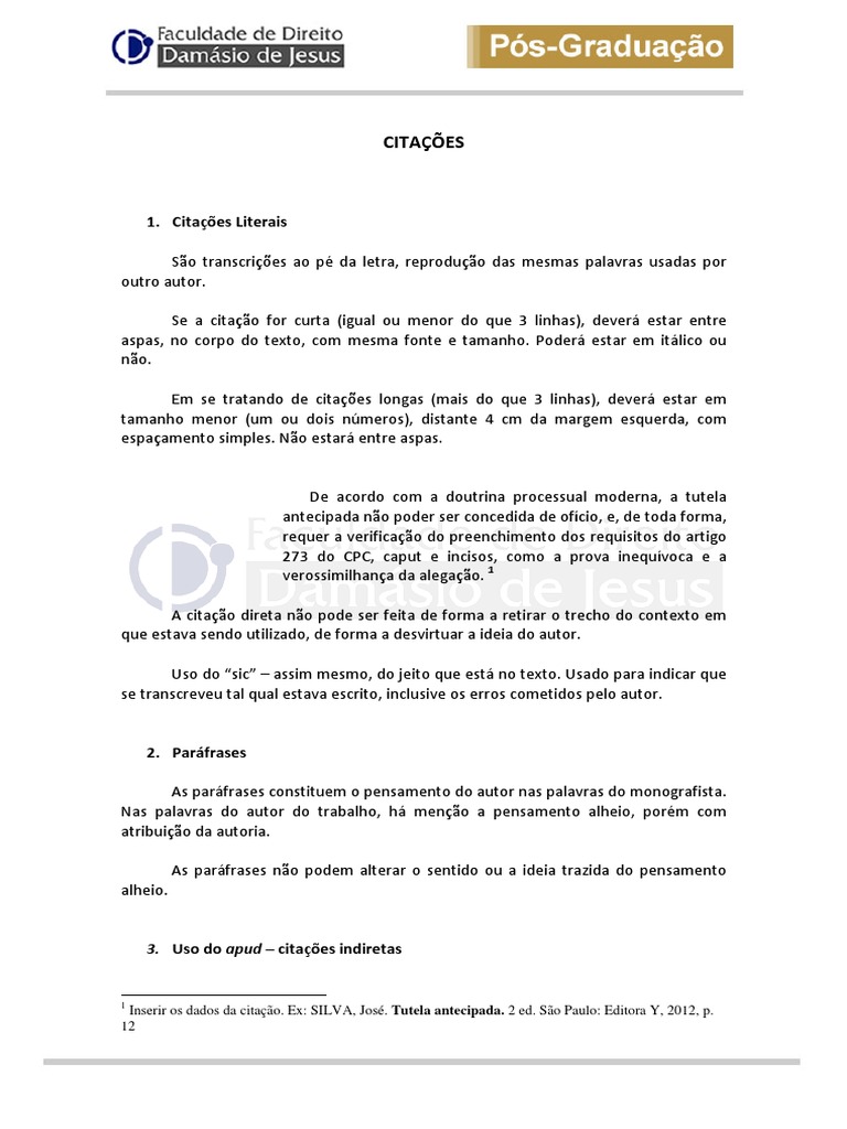 Normas Monografia Damasio Citacao Licao normas monografia damasio citacao licao