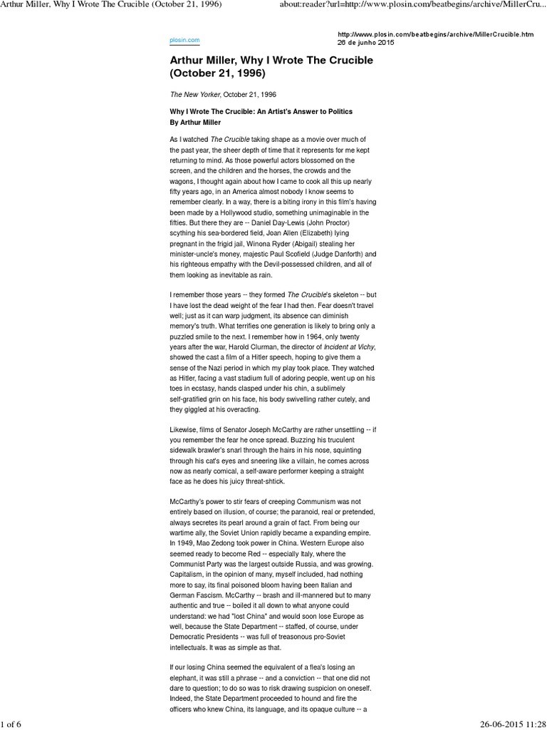 Arthur Miller, Why I Wrote The Crucible (October 21, 1996) PDF