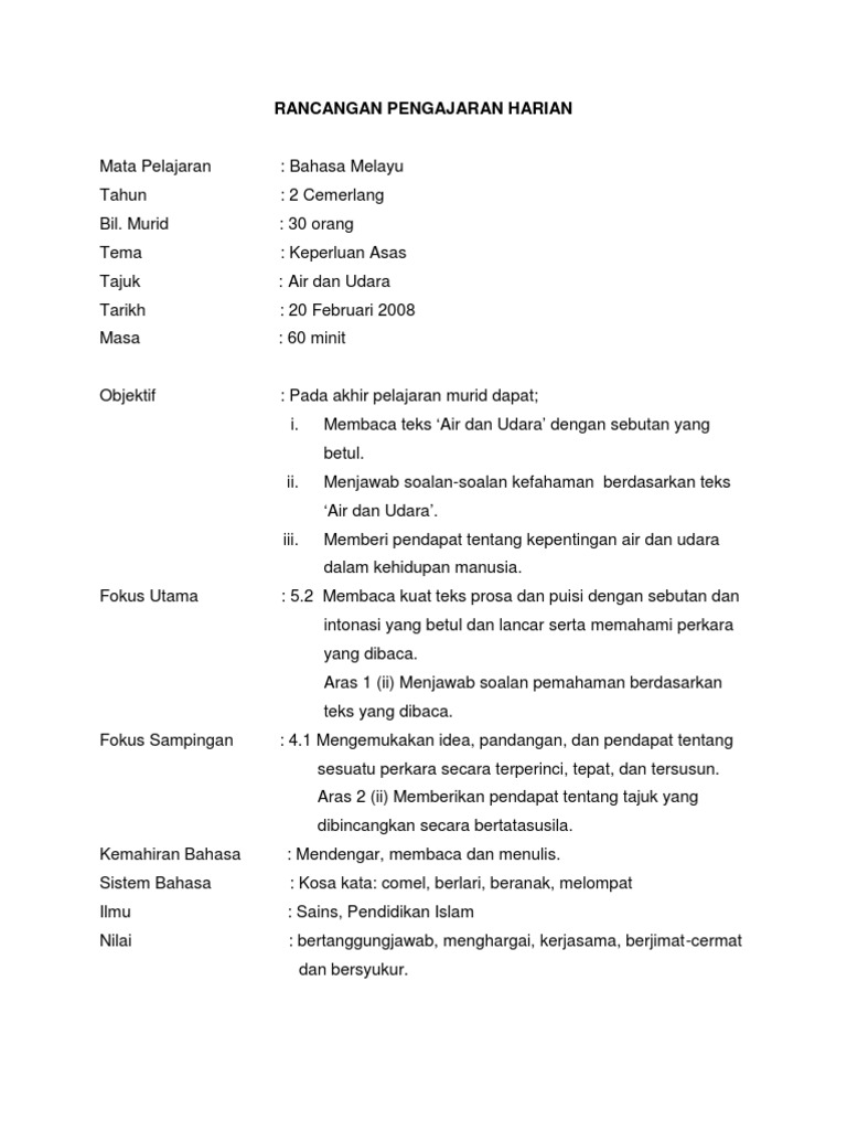 Contoh RPH BM | PDF | Seni & Disiplin Bahasa | Kajian Bahasa Asing