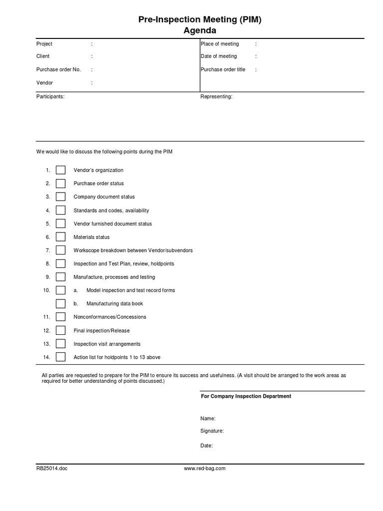 Pre-Inspection Meeting Agenda | PDF