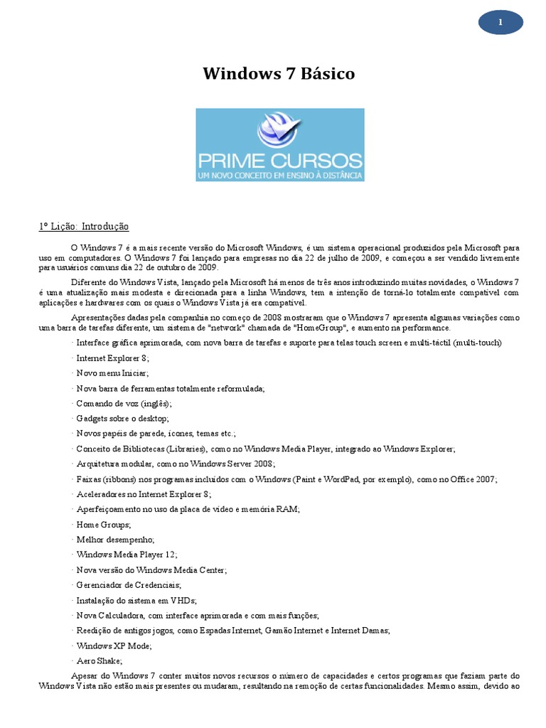 Introdução ao Windows 7 Básico | PDF | Windows 7 | Microsoft Windows