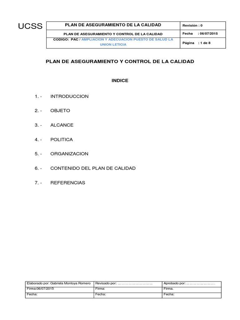 Plan de Aseguramiento y Control de Calidad | PDF | Calidad (comercial ...