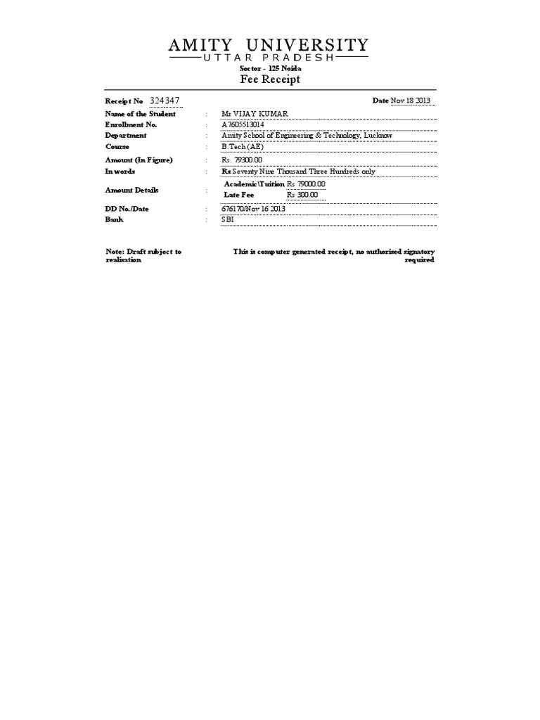 Amity University B.Tech Fee Receipt | PDF