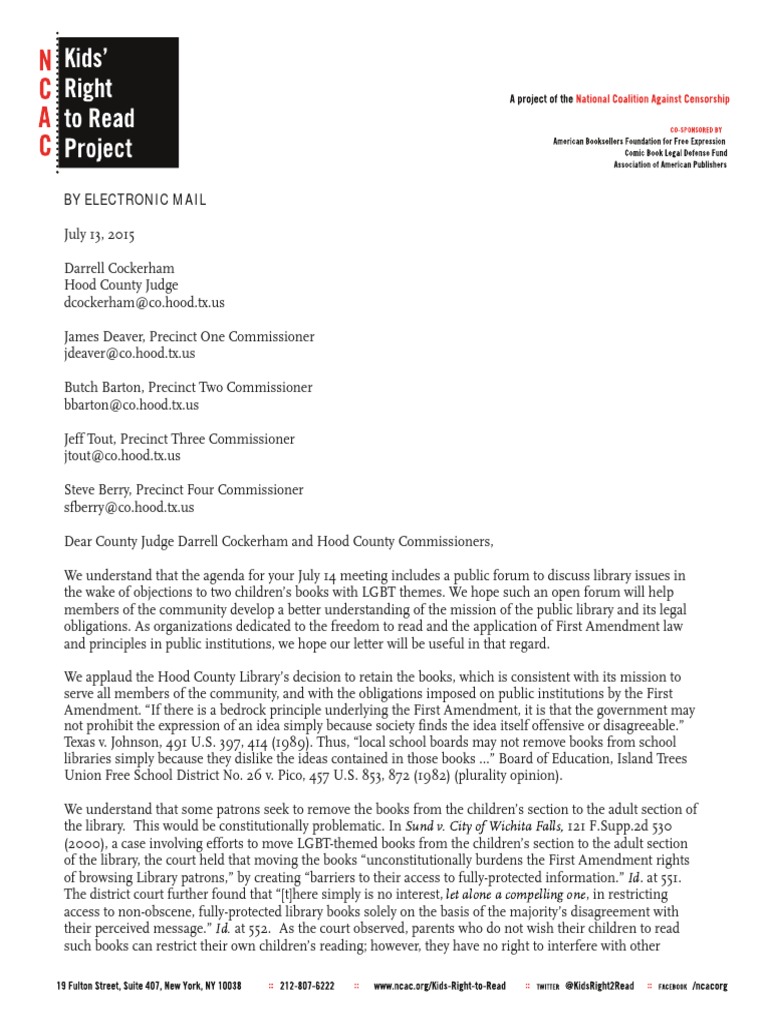 NCAC Letter: Hood County Library LGBT Books | PDF | United States ...