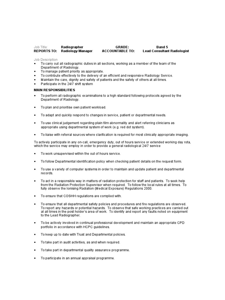 Radiographer Job Spec PDF Radiology Infection Control