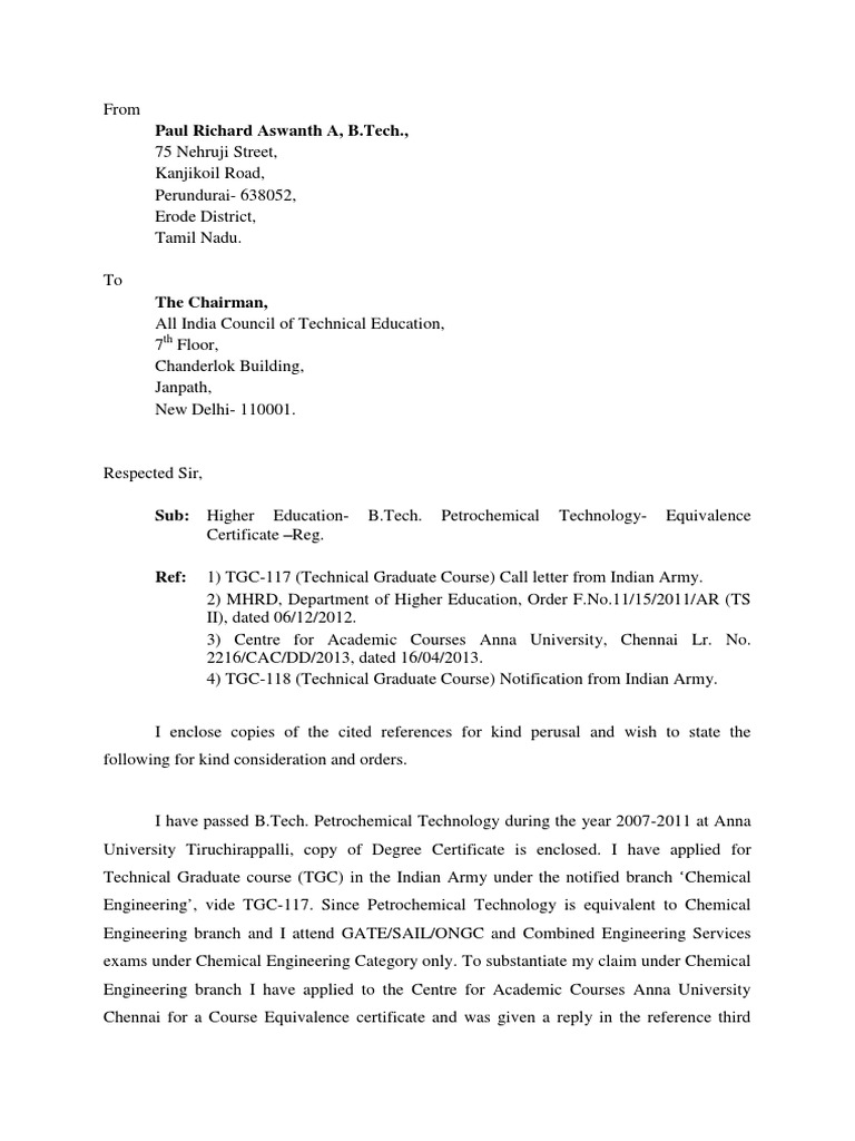 Request for B.Tech Equivalence Certificate | PDF