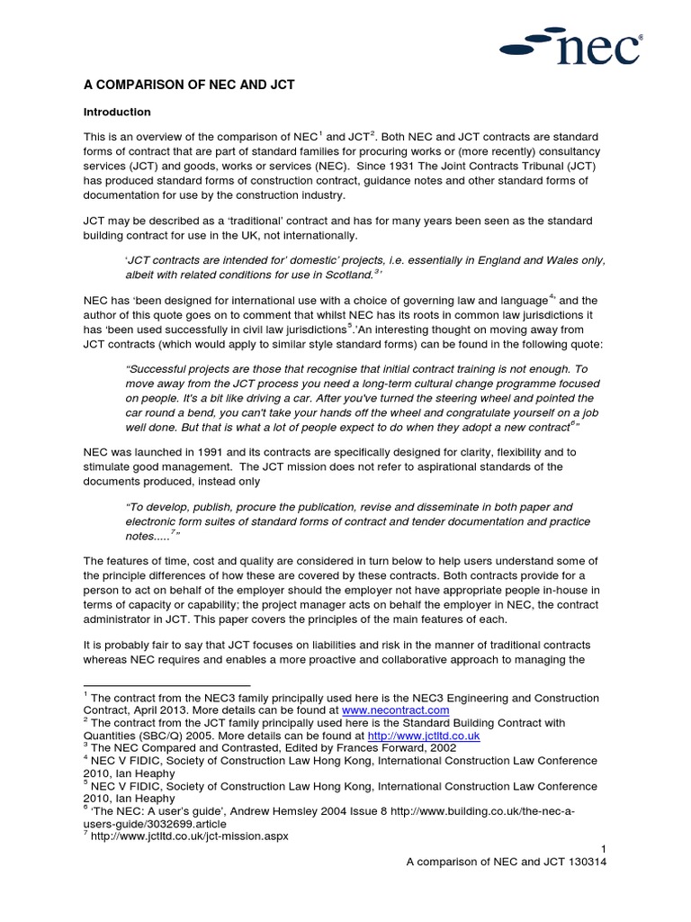 NEC vs JCT Contract Comparison | PDF | Construction Law | Risk Management