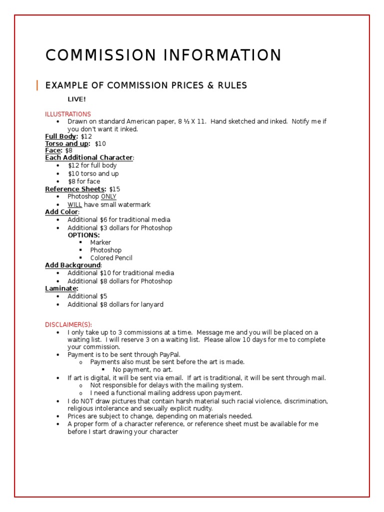 Commission Prices and Guidelines | PDF | Cooking, Food & Wine | Home ...