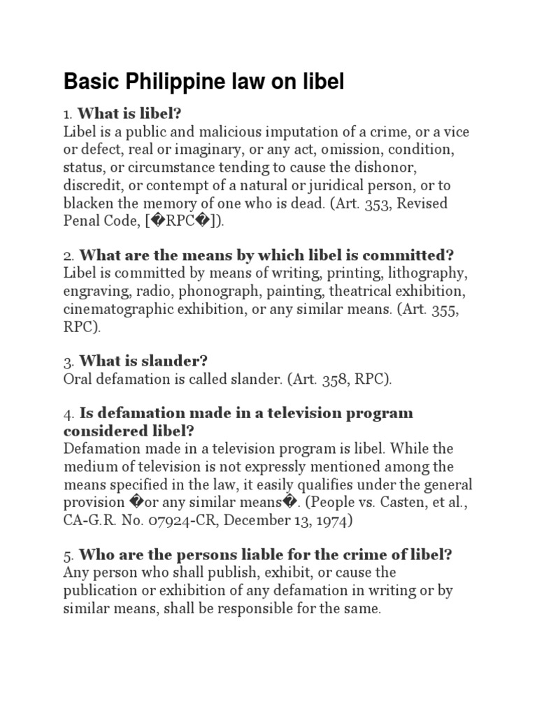 Basic Philippine Law on Libel Defamation Crime & Violence