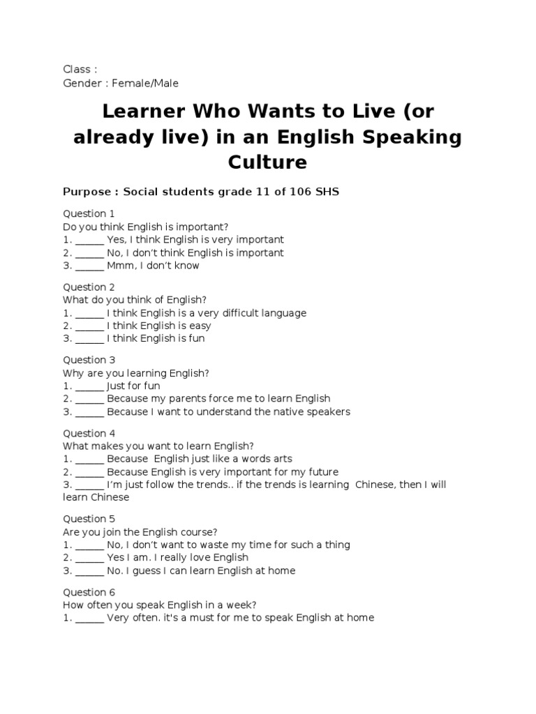 english questionnaire english language vocabulary