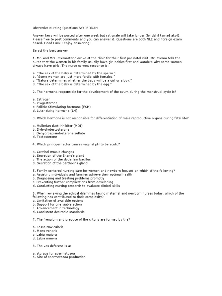 Obstetrics Nursing Questions Pelvis Childbirth