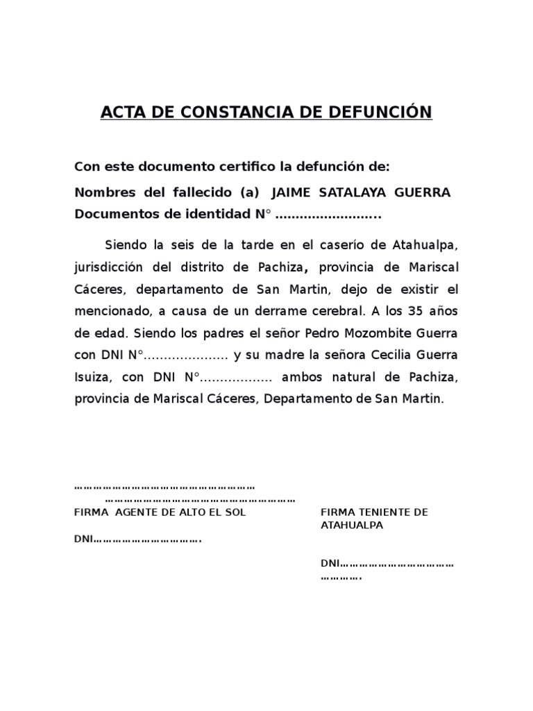 Acta de Constancia de Defunción