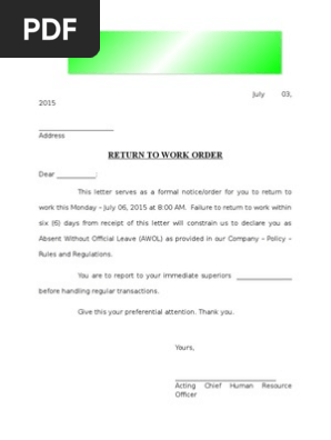 Return to Work Letter