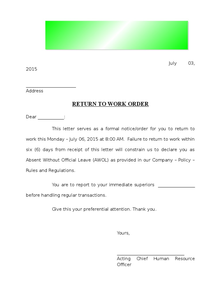 Return To Work Letter PDF Government Economies