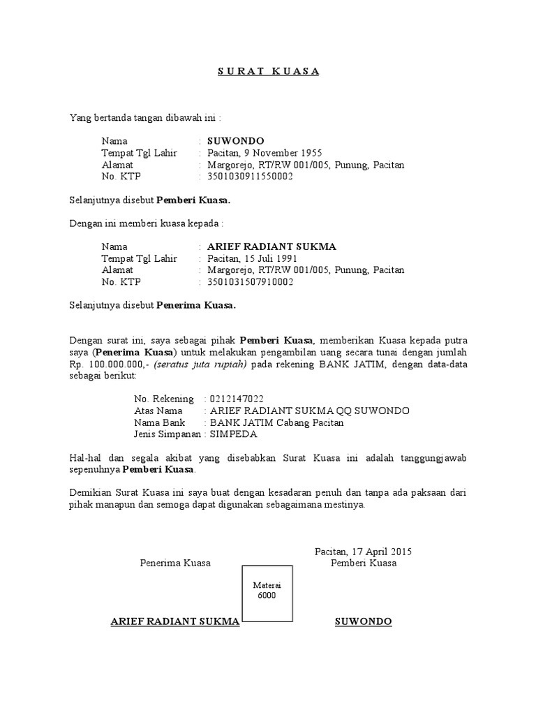 Contoh Surat Kuasa Pengambilan Uang Di Bank Mandiri Pdf