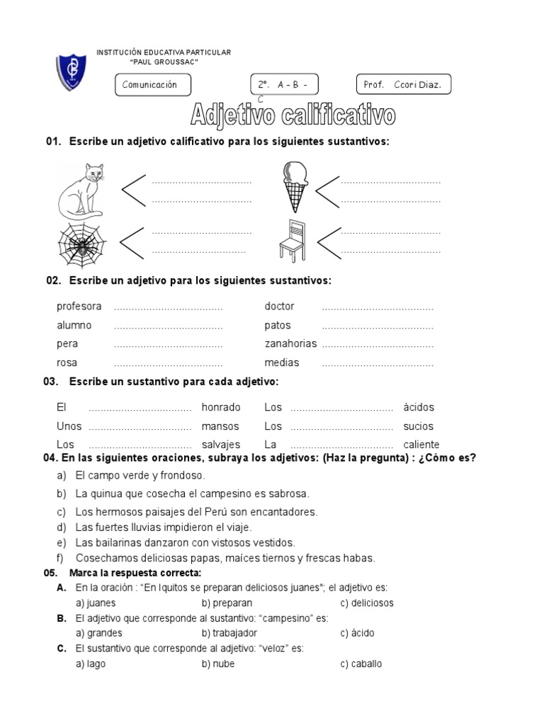 Ejercicios de Adjetivos y Sustantivos | PDF | Estudios de idiomas ...