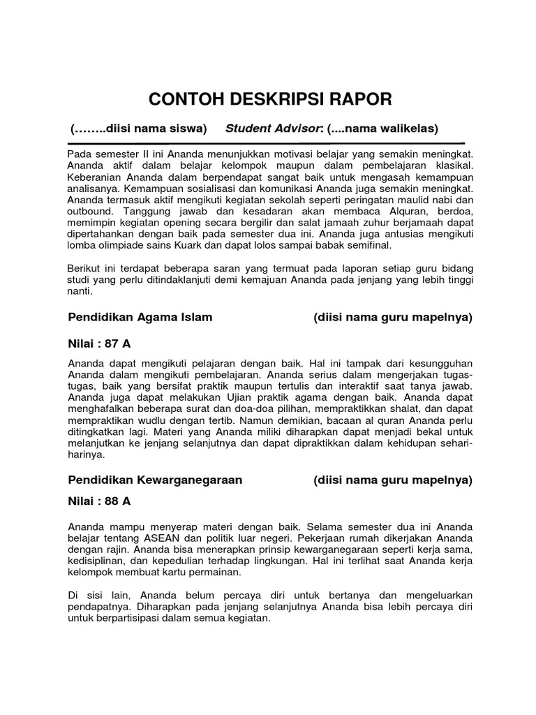 Deskripsi Rapor Siswa Semester II | PDF