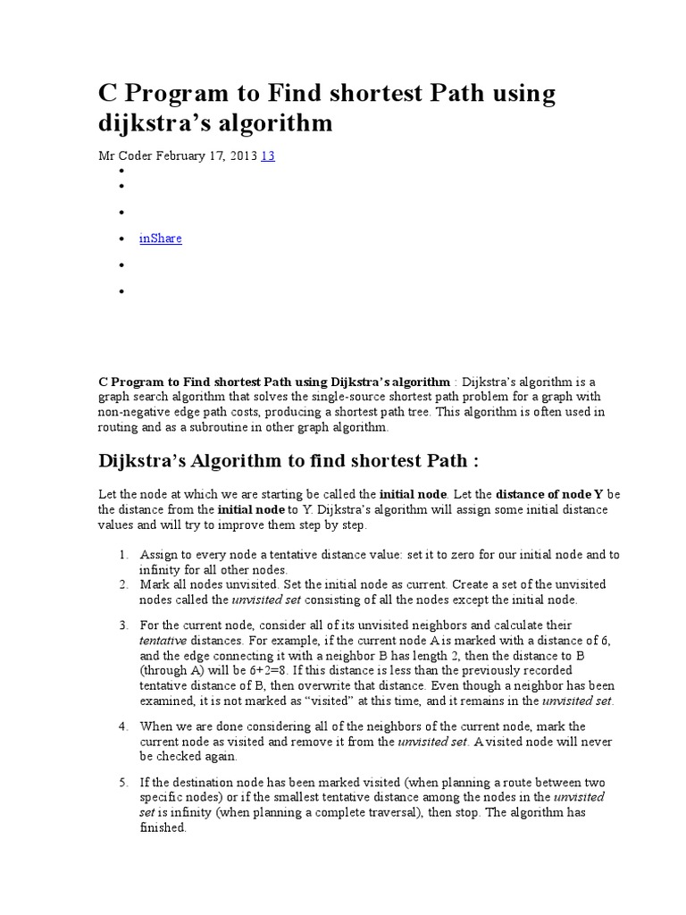 C Program To Find Shortest Path Using Dijkstra | PDF | Computational ...
