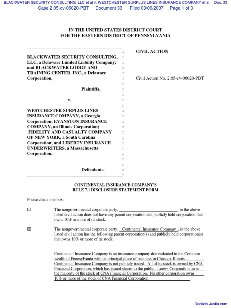 Civil Action No. 205cv06020PBT Continental Insurance Company’S