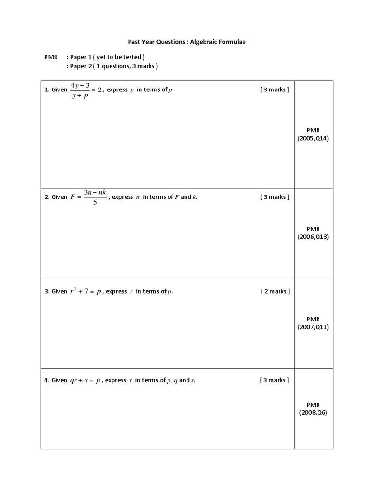 Past Year Algebraic Formulae Questions | PDF | Language Arts ...
