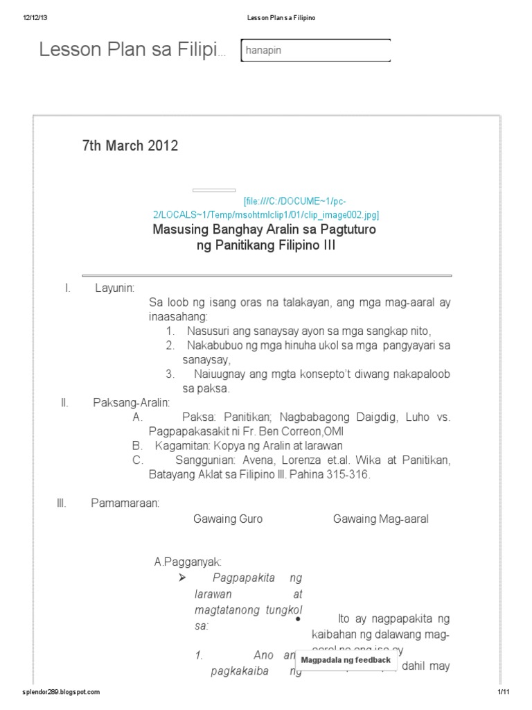 Lesson Plan Sa Filipino