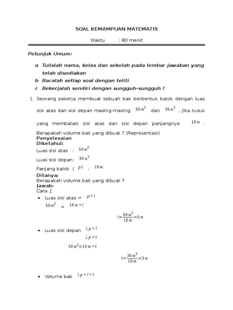 Contoh Soal Kemampuan Matematis