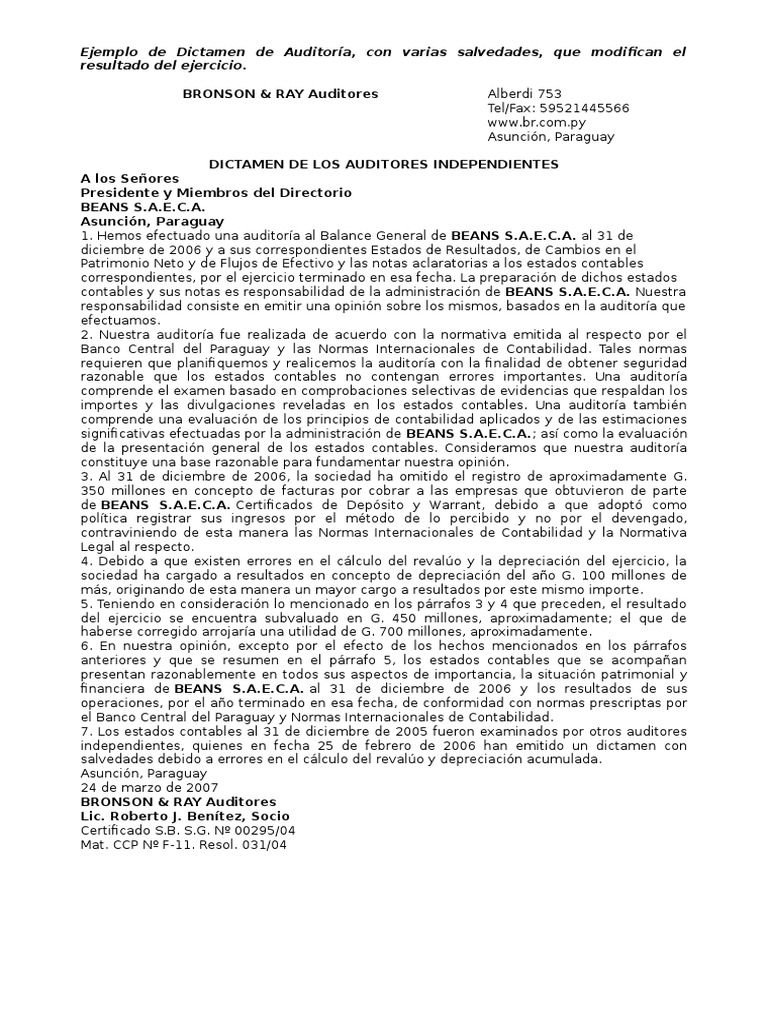 Ejemplo de Dictamen de Auditoría | PDF | Auditoría financiera | Estado