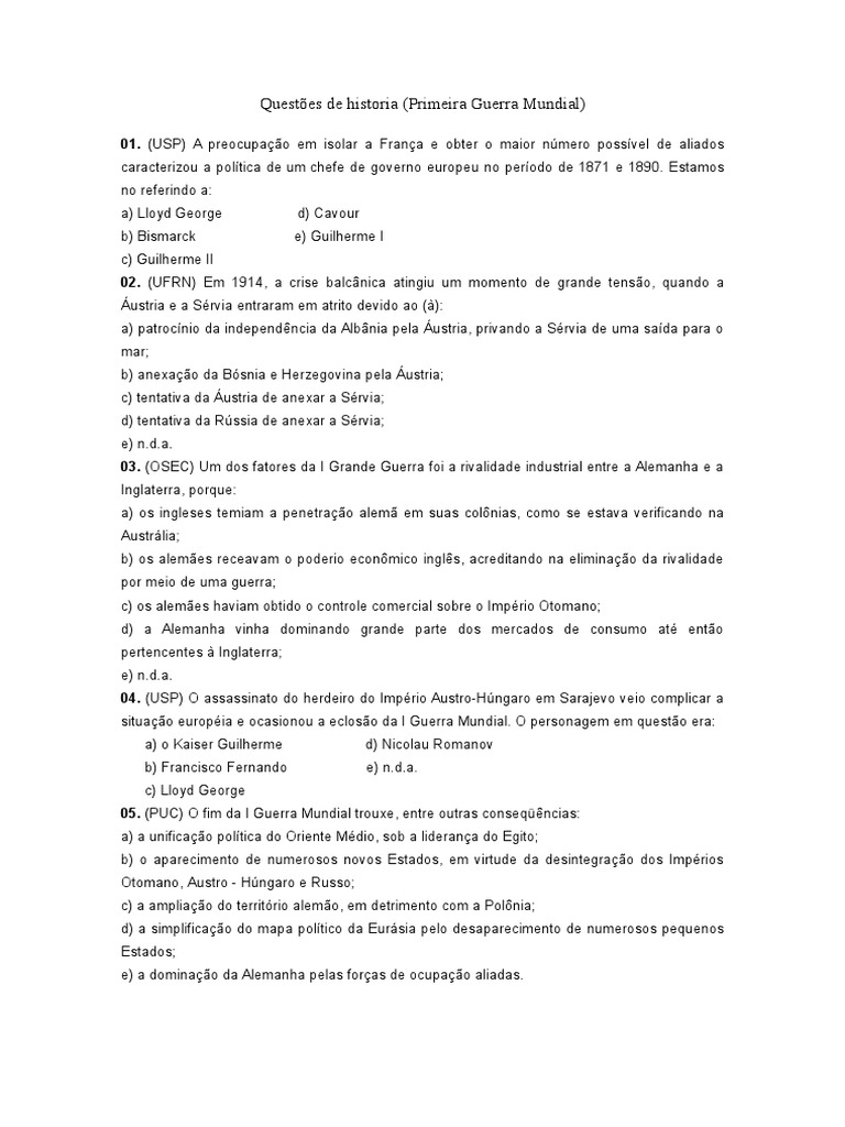 Questões de História: Primeira Guerra Mundial | PDF | Primeira Guerra ...