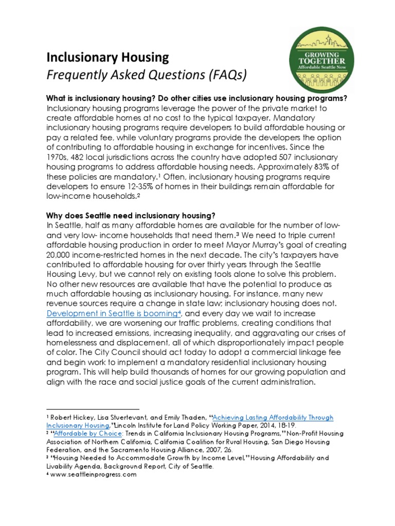 Seattle Inclusionary Housing FAQs | PDF | Affordable Housing | Taxes