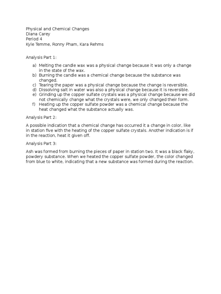 Physical And Chemical Changes Lab Pdf Answer Key