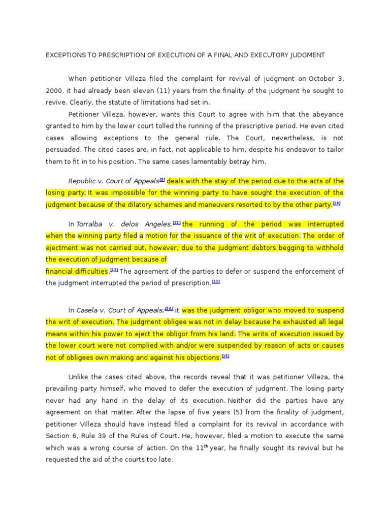 Exceptions To Prescription of Execution of A Final and Executory